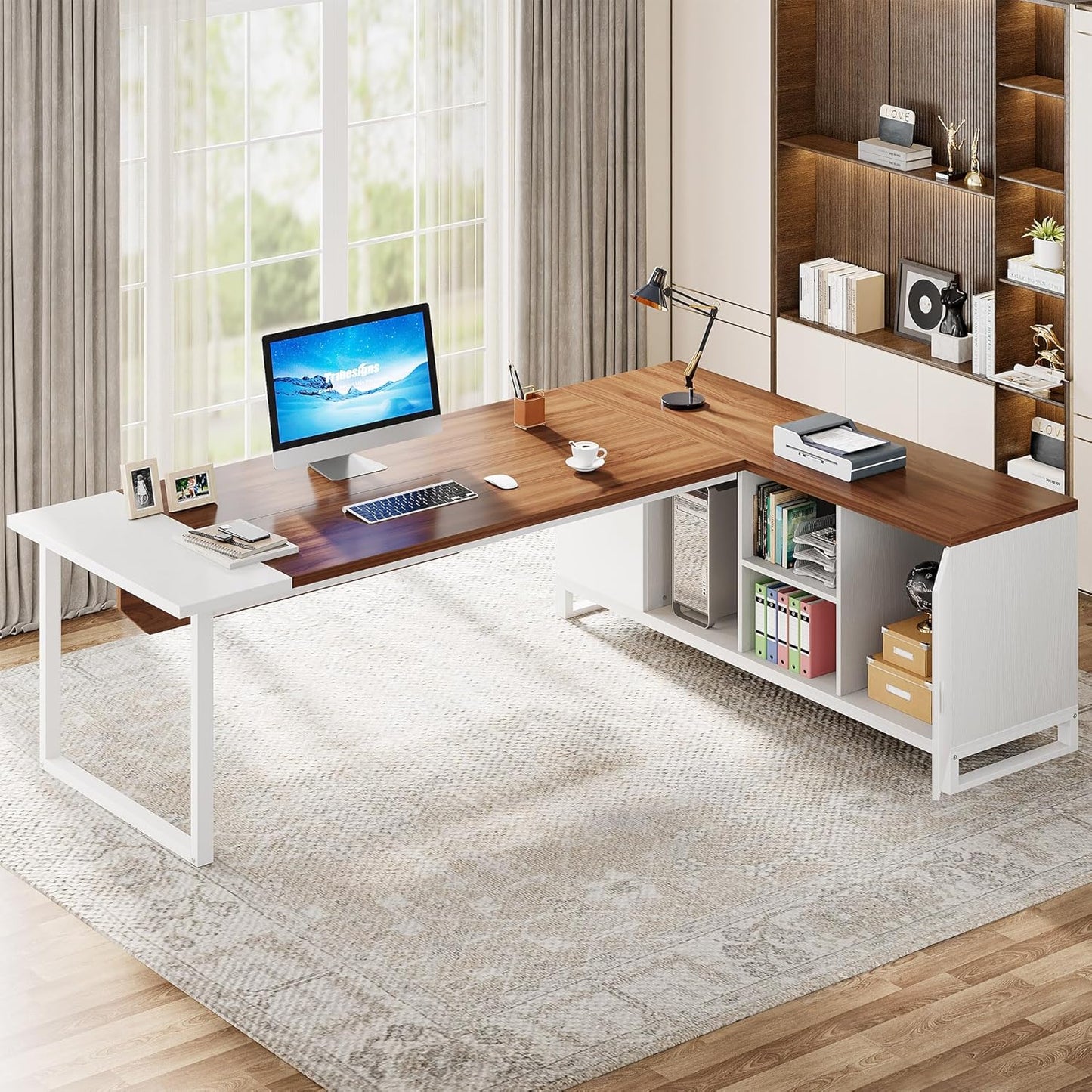 70.8" L-Shaped Executive Desk with 55" File Cabinet, Large Home Office Computer Desk with Storage Shelves and Cabinet, Modern Business Furniture Set Home Office, Walnut White