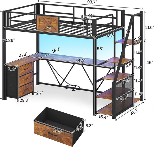 Stairway Twin Size Loft Bed with L Shaped Desk and Wardrobe, Metal Loft Bed Frame with Storage Stairs, 3 Fabric Drawers, LED Lights & Charging Sation, Rustic Brown