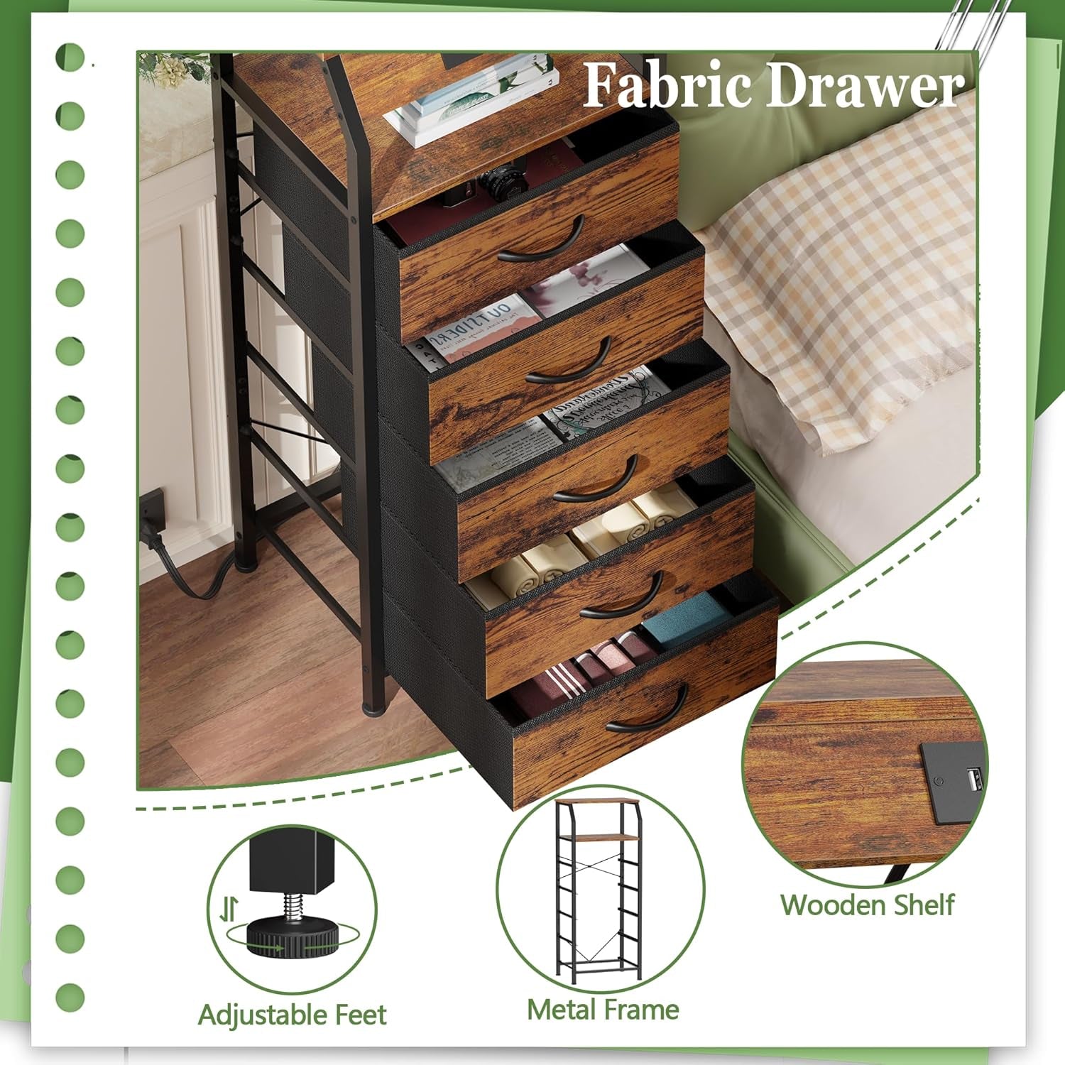 5 Drawers Dresser with Charging Station, Tall Night Stand with Storage Shelf, Fabric Chest of Drawers, Bedside Table for Closet, Entryway, Bedroom Furniture, 3 Ways to Use, Rustic Brown