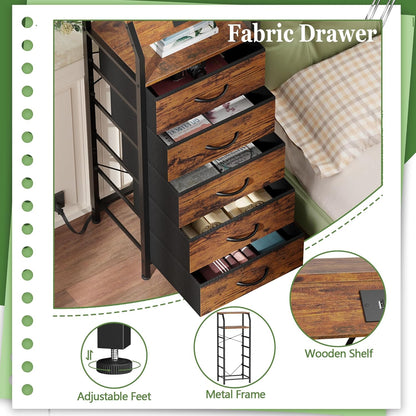 5 Drawers Dresser with Charging Station, Tall Night Stand with Storage Shelf, Fabric Chest of Drawers, Bedside Table for Closet, Entryway, Bedroom Furniture, 3 Ways to Use, Rustic Brown