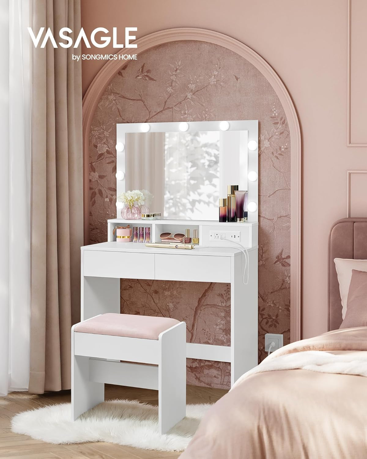 Vanity Desk with Power Outlets, Makeup Vanity with Mirror and Lights, with Upholstered Vanity Stool, 9 Dimmable LED Lights, 2 Compartments, 2 Drawers, for Bedroom, Cloud White URDT029W01