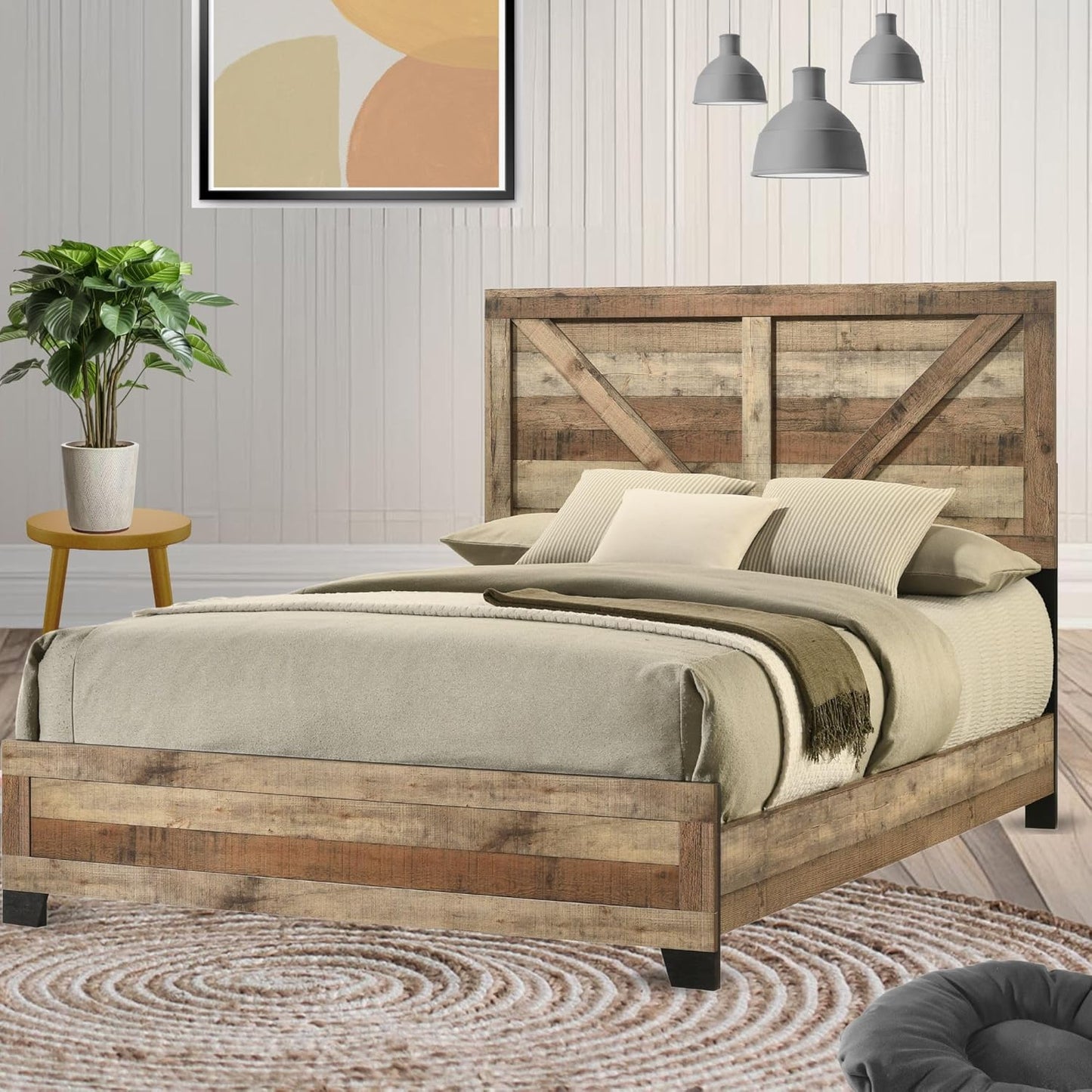6-Piece Antique Natural King Size Bedroom Set - Bed, Dresser, Mirror, Chest and 2 Nightstands
