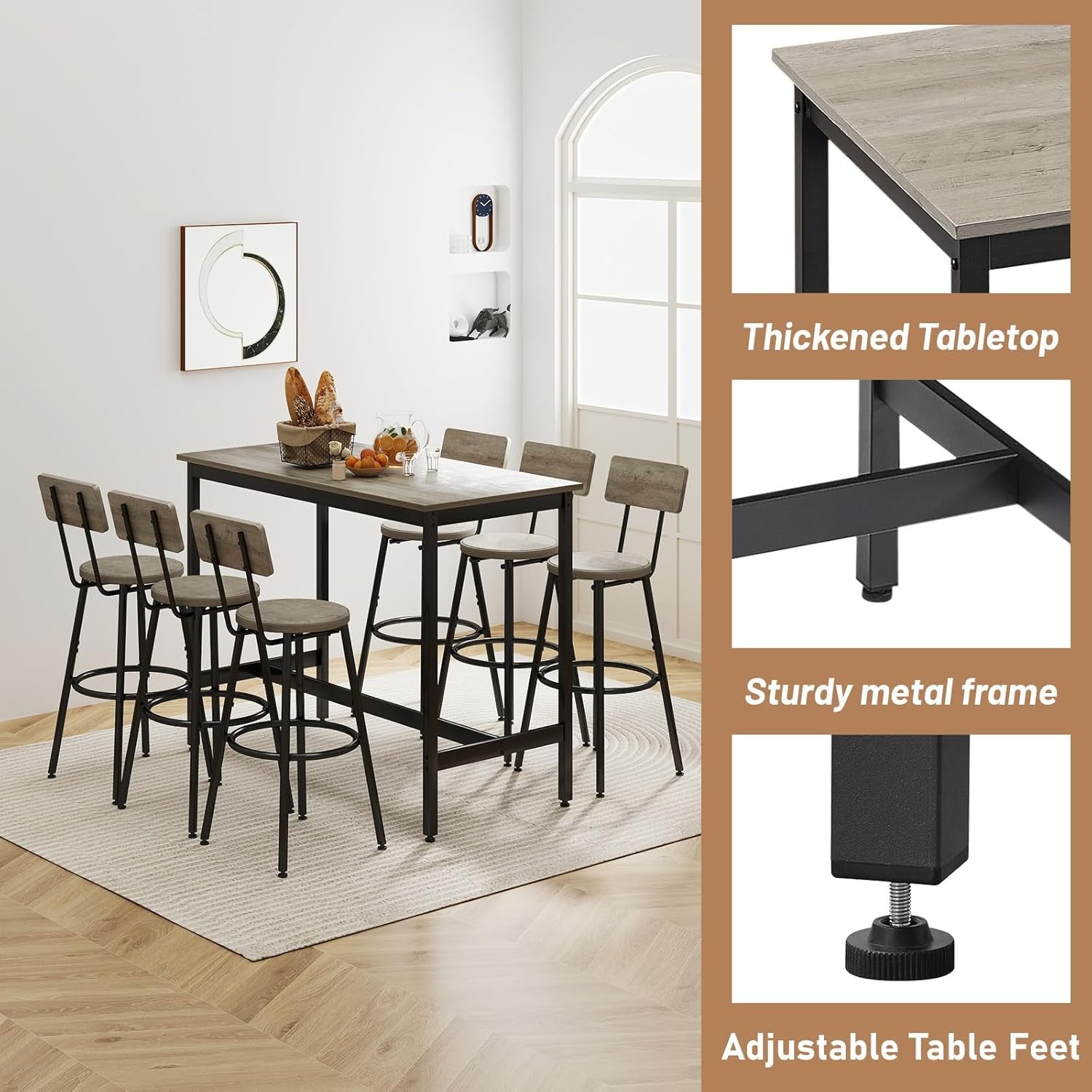 Dining Table Set for 6, 7-Piece Bar Table Set, Kitchen Table and Chairs, Counter Height High Top Table with 6 PU Upholstered Stools, Space-Saving Pub Tables Set for Small Space, Grey