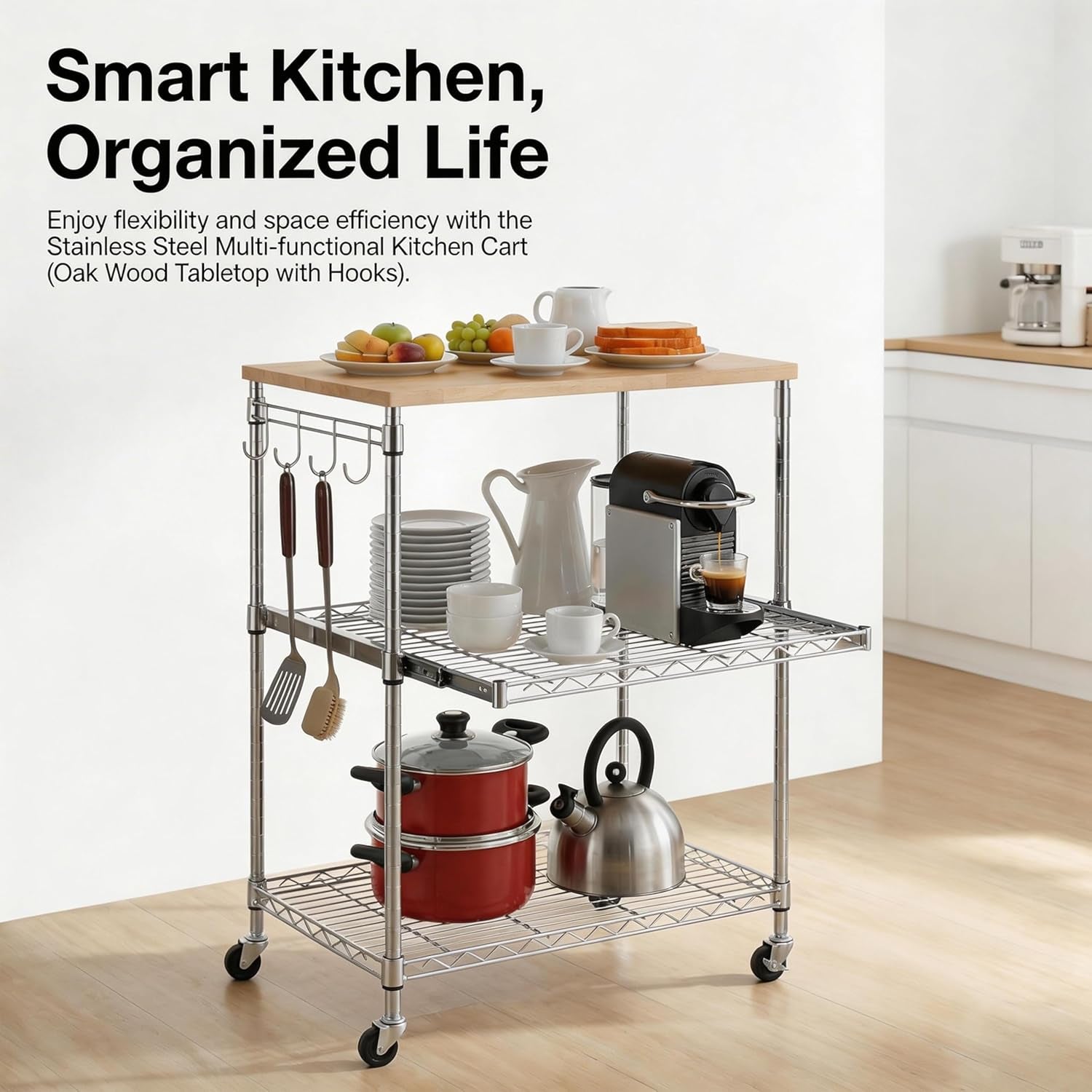 3-Tier Rolling Kitchen Cart, Microwave Cart with Oak Wood Tabletop and Drawer Slider, Coffee Cart & Food Service Cart with Hooks, Chrome