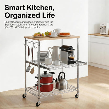 3-Tier Rolling Kitchen Cart, Microwave Cart with Oak Wood Tabletop and Drawer Slider, Coffee Cart & Food Service Cart with Hooks, Chrome