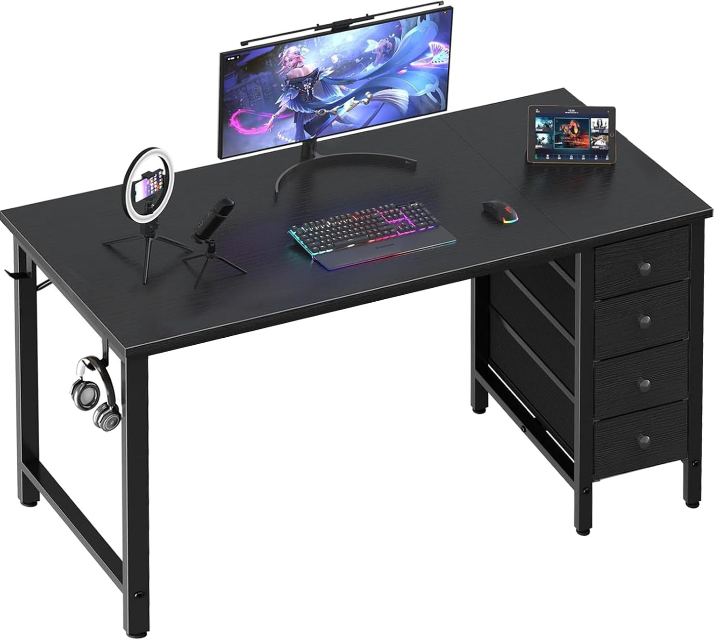 Gaming Desk with Fabric Drawers - 55 Inch Long Study Work Writing Reversible Computer Desk for Home Office Bedroom, Simple Modern Cute PC Desks with Drawer, Black