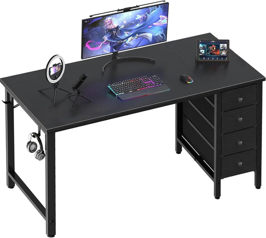 Gaming Desk with Fabric Drawers - 55 Inch Long Study Work Writing Reversible Computer Desk for Home Office Bedroom, Simple Modern Cute PC Desks with Drawer, Black