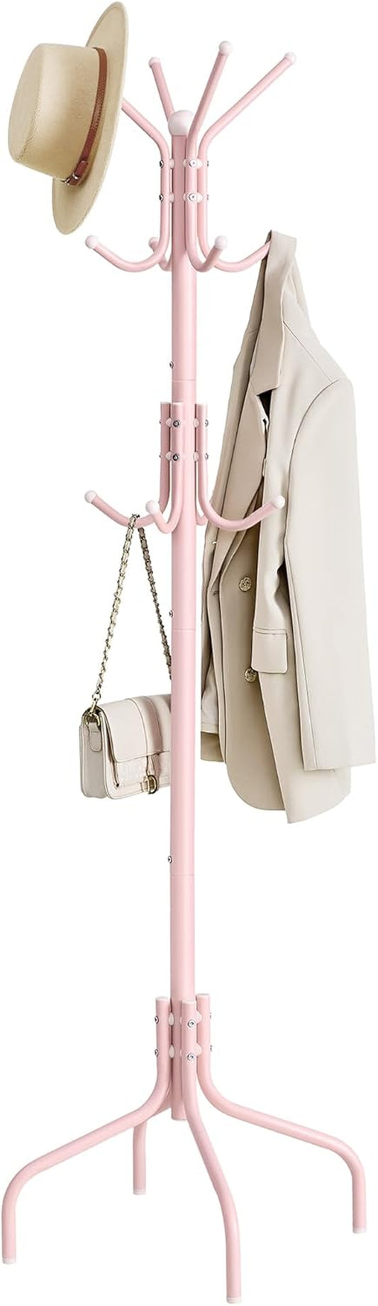 Coat Rack Freestanding, Metal Coat Rack Stand with 12 Hooks and 4 Legs, Holds Clothes, Hats, and Bags, for Entryway, Living Room, Bedroom, Jelly Pink URCR031R01