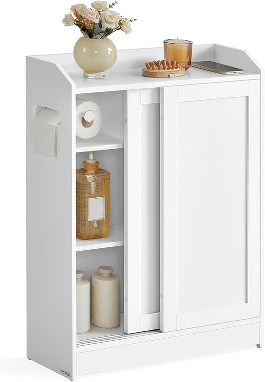Bathroom Cabinet, Slim Bathroom Storage Cabinet, Toilet Paper Holder and Brush Compartment, Sliding Doors, Adjustable Shelves, Next to Toilet, 7.9 X 23.6 X 31.5 Inches, Cloud White UBBC752W01