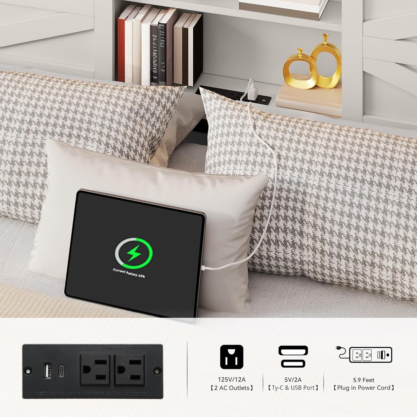 Farmhouse Queen Bed Frame with LED Lights and Charging Station, Platform Bed Frame with Storage Bookcase Headboard, Sliding Barn Door, Solid Metal Slats, No Box Spring Needed (White)