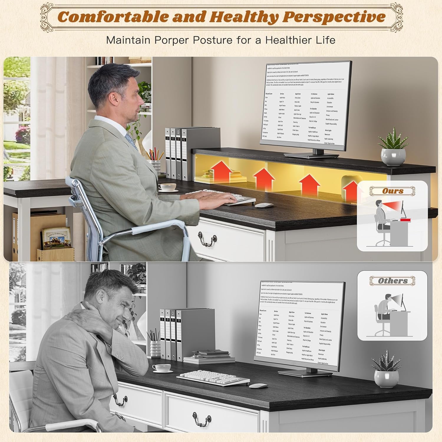 55" L Shaped Farmhouse Computer Desk with Drawers, Office Desk with Long Monitor Stand & Storage Shelves for Bedroom, Desk for Home Office, Desks with Power Outlets & LED Lights, Study Room