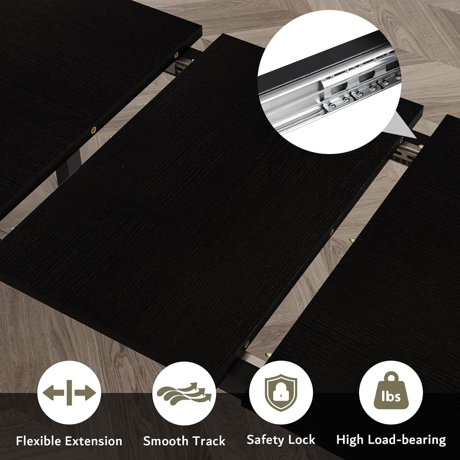 5-Piece Dining Table Set for 4-8 People, Extendable Kitchen Table Set with 2 Benches and 2 Square Stools, Mid-Century Dining Room Table with Metal Frame & MDF Board, Saving Space, Black