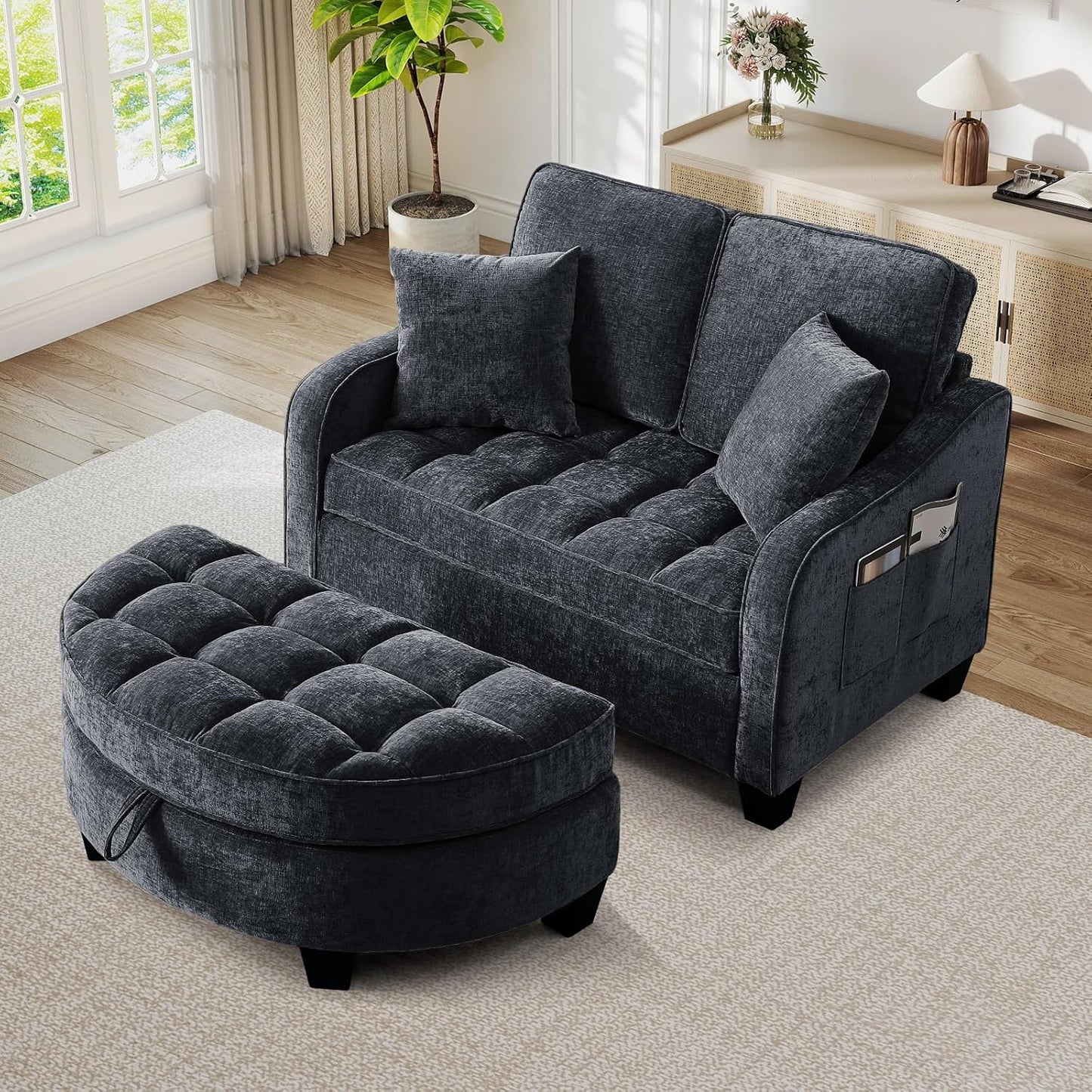 Chaise Lounge Chair Indoor, Chenille Oversized Sofa Chair with Storage Ottoman & Adjustable Backrest, Fluffy Loveseat Sofa, Comfy Convertible Sleeper Couch Bed for Living Room, Bedroom(Pink)