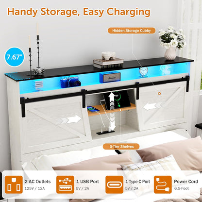 Queen Bed Frame with Barn Door Storage Headboard and 2 Drawers, USB Ports and LED Lights,Wood Platform Bed and All-Steel Support,No Noise,No Box Spring Needed,Antique White