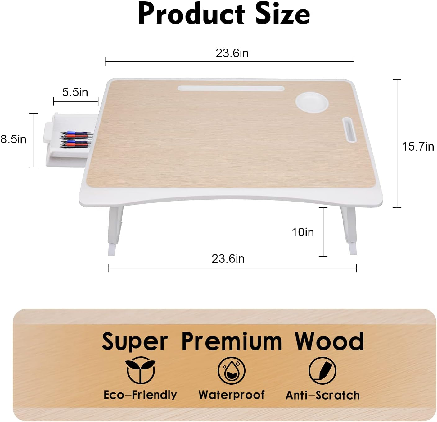 Laptop Bed Desk Tray Bed Table, Foldable Portable Lap Desk Notebook Stand Reading Holder with Storage Drawer and Cup Holder for Eating Breakfast on Bed/Couch/Sofa-White Oak