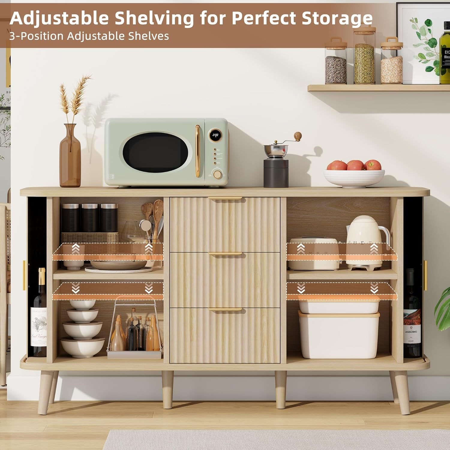 Natrual Buffet Cabinet, 55" Wide Sideboard Buffet Storage Cabinet with Rolling & Sliding Doors, Modern Bar Cabinet for Kitchen & Dining Room