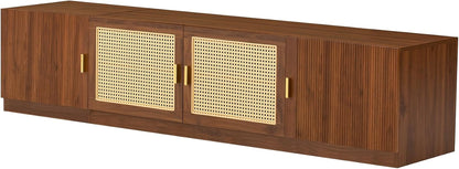 Mid-Century Modern TV Stand with Fluted & Rattan Doors, 78" Media Console for Tvs up to 85", Rattan Entertainment Center with Storage & Adjustable Shelf, Cable Holes, Walnut