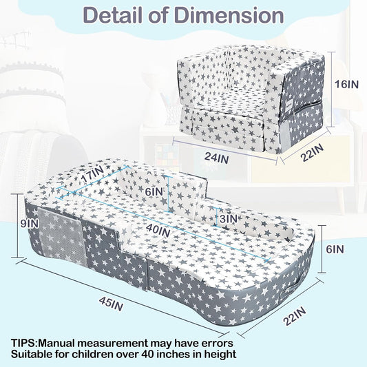 Toddler Travel Bed, Portable Toddler Bed & Chair 2-In-1 – Convertible Travel Crib with Storage Pockets, Built-Waterproof Oxford Cloth, Easy,Washable Covers,Soft Dutch Velvet (Stars Pattern)