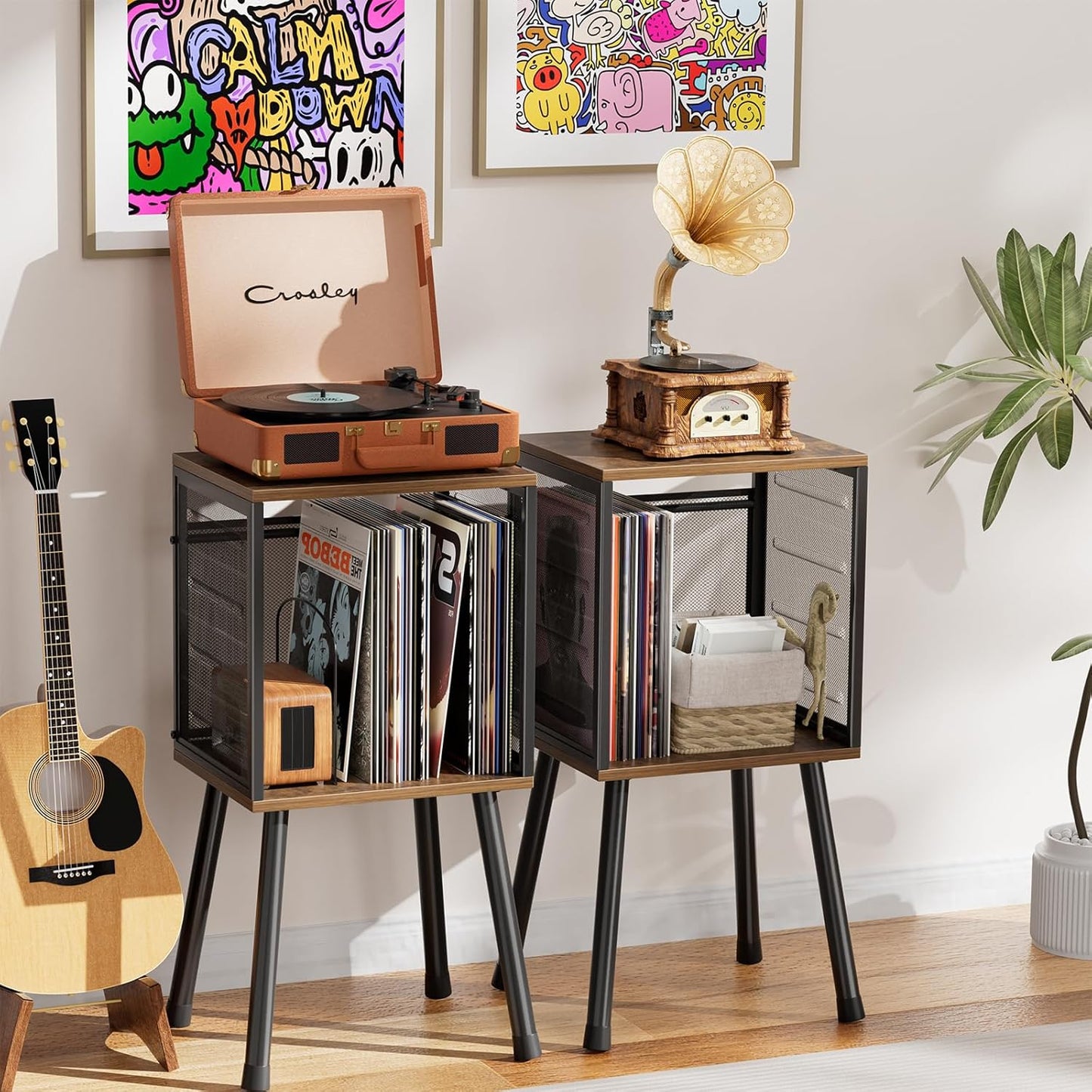 Record Player Stand, Vinyl Record Storage Holds up to 100 Albums, Record Holder Display Shelf, Organizer Table for Living Room, Rustic Brown