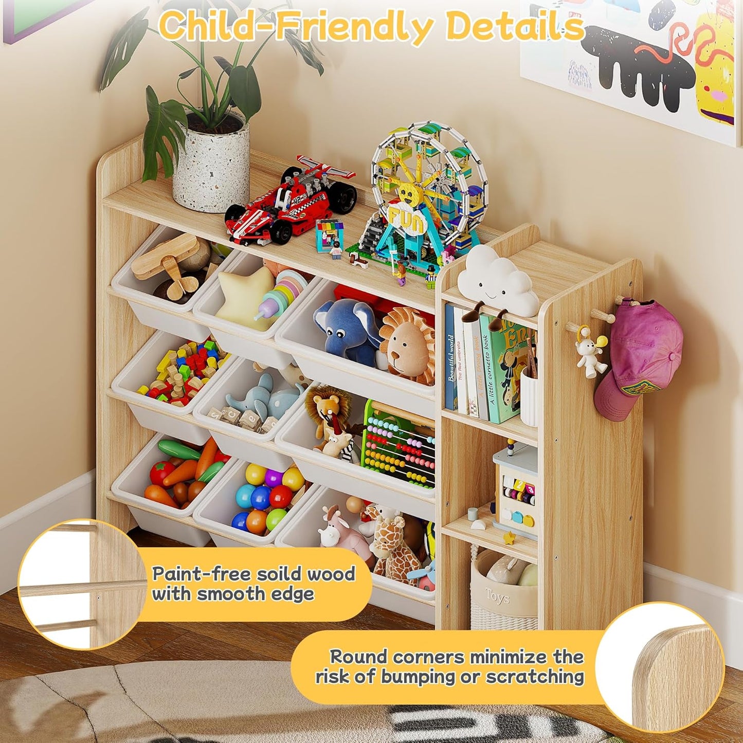 Kids Toy Storage Organizer, Wooden Shelf with 3 Tiers and 9 Storage Bins, Nursery Room Organizer for Books and Toys, White and Natural Wood