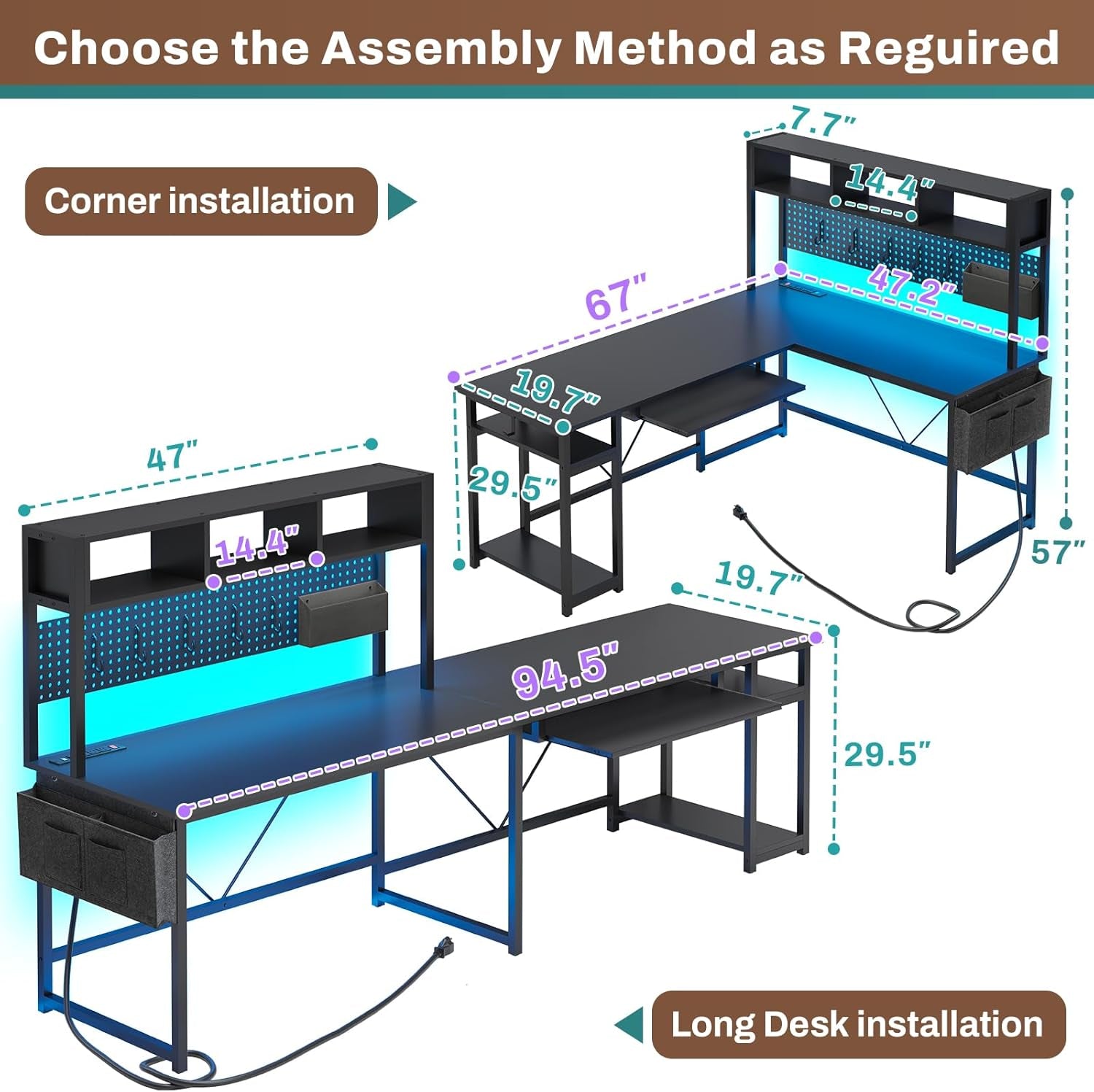 L Shaped Gaming Desk, Reversible Computer Desk with Power Outlet and Pegboard, Gaming Desk with Led Lights, Keyboard Tray and Storage Bag for Home Office, Black