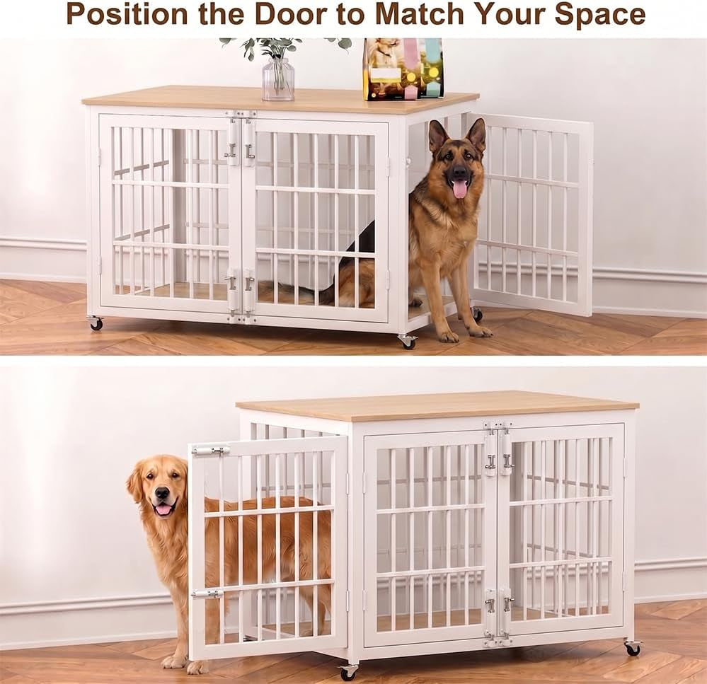 48 Inch Dog Crate Furniture, Heavy Duty Dog Kennel Indoor for Large Dogs, Escape-Proof and Chew-Proof Wooden Dog Cage for High Anxiety Dog, Decorate House as TV Stand, End Table, White