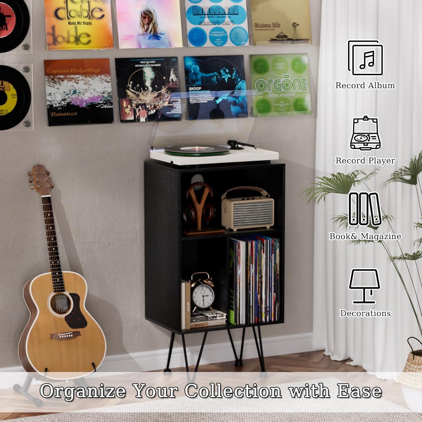 Record Player Stand, Turntable Stand Vinyl Record Storage Cabinet with Metal Legs, End Table Holds up to 120 Albums for Living Room, Bedroom, Office (Black)