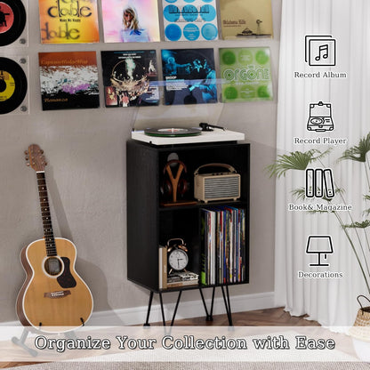 Record Player Stand, Turntable Stand Vinyl Record Storage Cabinet with Metal Legs, End Table Holds up to 120 Albums for Living Room, Bedroom, Office (Black)
