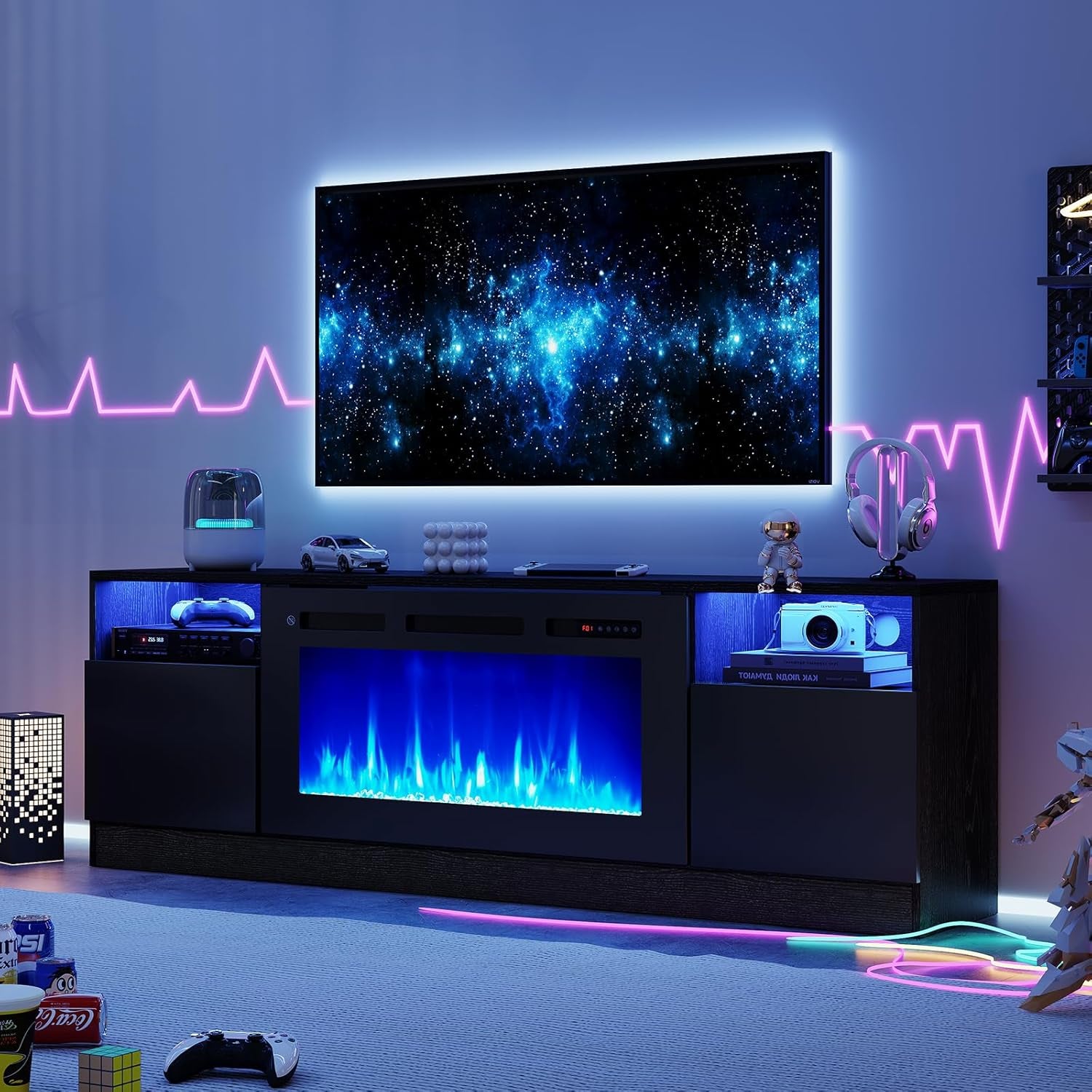 70" Fireplace TV Stand with 36" Electric Fireplace, LED Light Entertainment Center for Tvs up to 80", High-Gloss Door, Modern TV Console for Living Room with Storage Cabinet, Black+Black