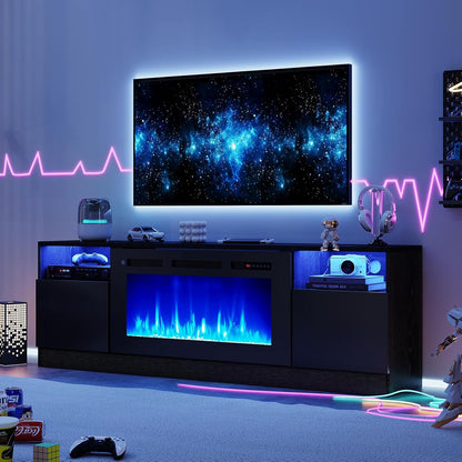 70" Fireplace TV Stand with 36" Electric Fireplace, LED Light Entertainment Center for Tvs up to 80", High-Gloss Door, Modern TV Console for Living Room with Storage Cabinet, Black+Black