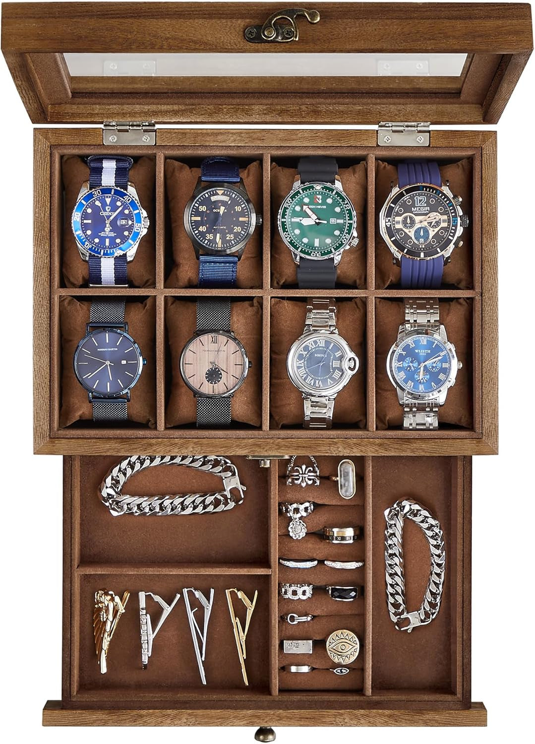 8-Slot Watch Box, 2-Tier Watch Display Case with Large Glass Lid, Removable Watch Pillows, Velvet Lining, Jewelry Box, Gift Idea, Rustic Walnut UJOW008K01