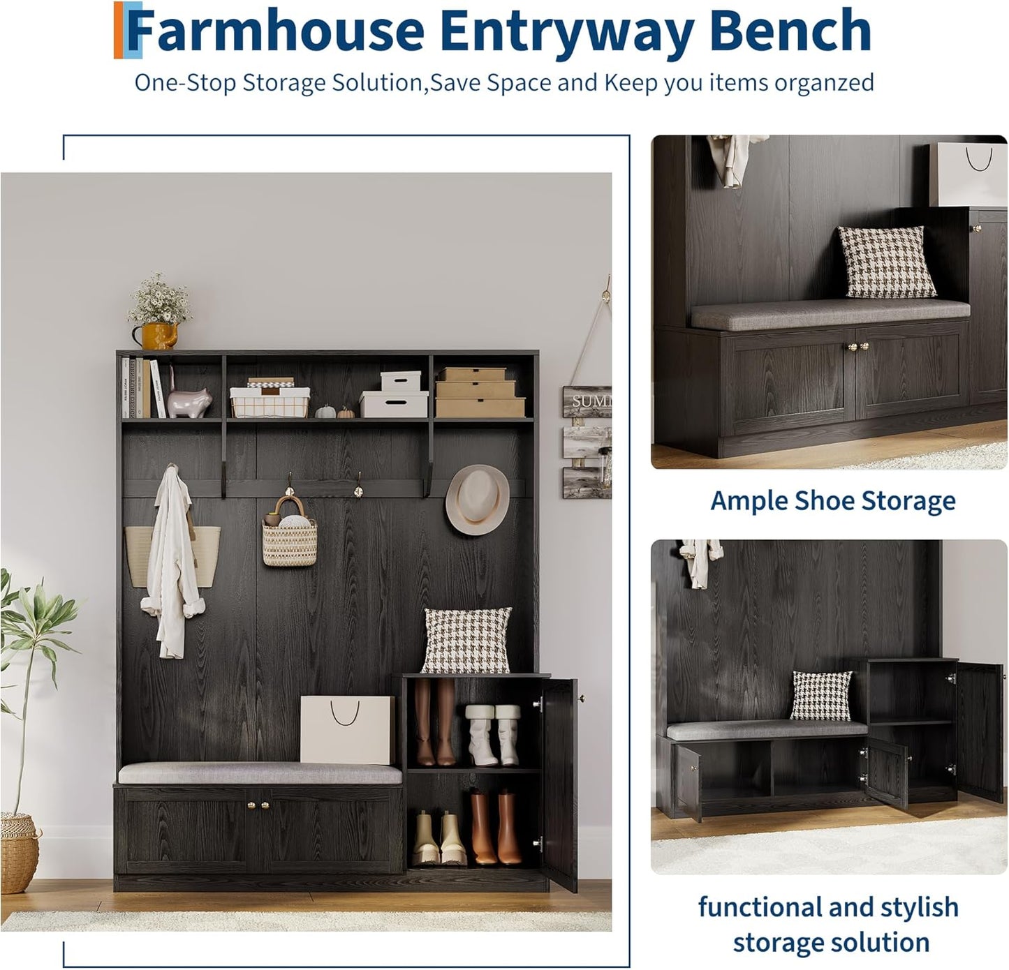 78.8" Hall Tree with Shoe Storage and Coat Rack, Farmhouse Entryway Bench, 4 Shoe Cubbies, 4 Coat Hooks, 3 Top Open Shelves, Freestanding Entrance Storage Cabinet for Hallway, Bedroom,Black