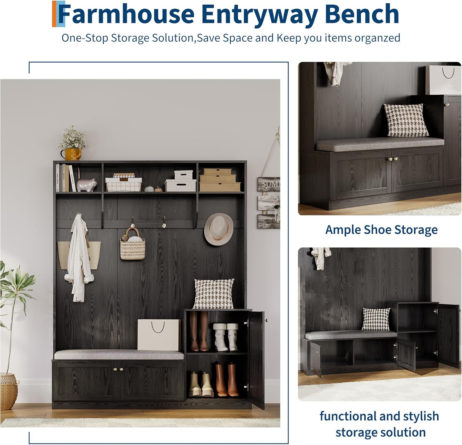 78.8" Hall Tree with Shoe Storage and Coat Rack, Farmhouse Entryway Bench, 4 Shoe Cubbies, 4 Coat Hooks, 3 Top Open Shelves, Freestanding Entrance Storage Cabinet for Hallway, Bedroom,Black