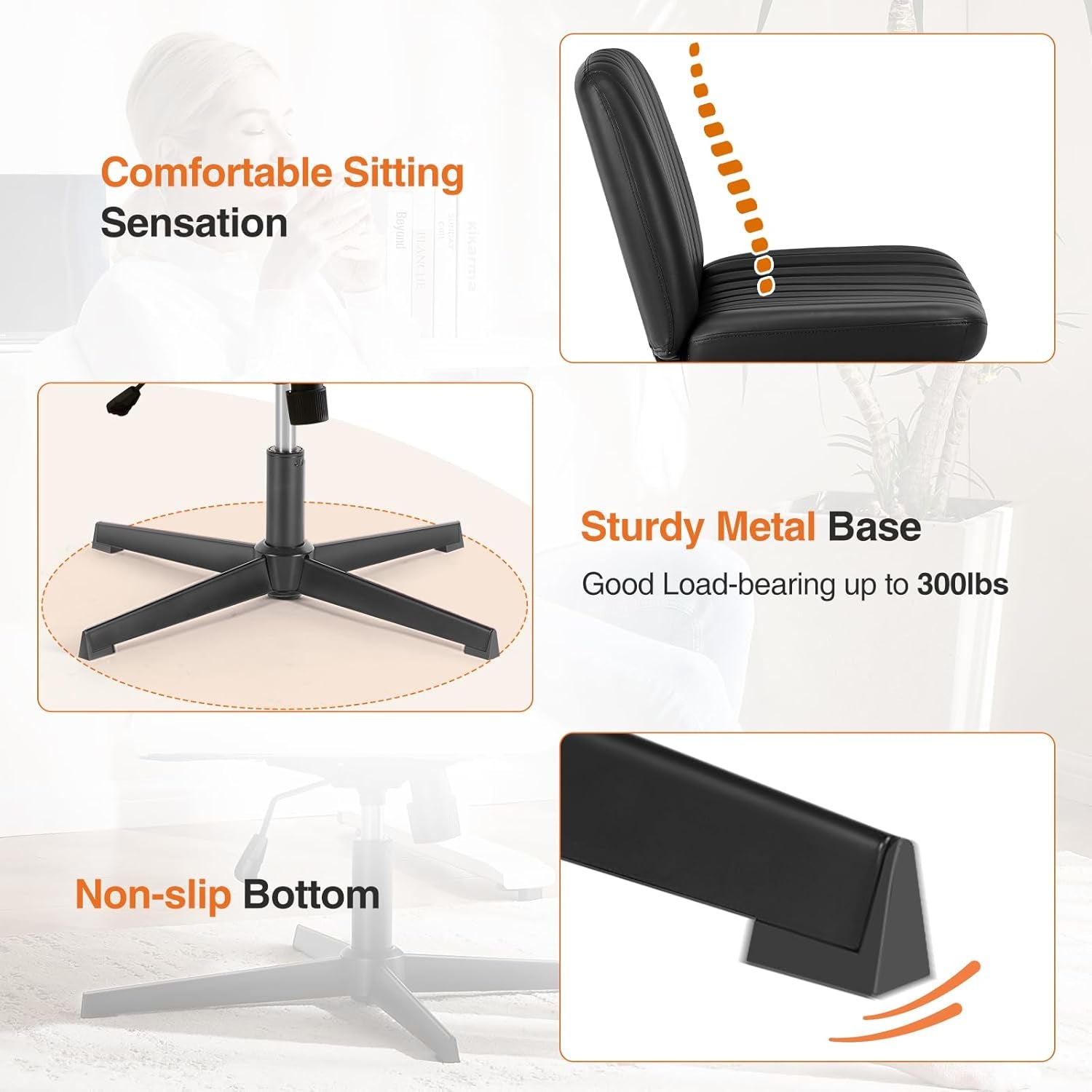 Criss Cross Chair Legged, PU Leather Armless Office Swivel Desk Chairs No Wheels, Vanity Height Adjustable Wide Seat Faux Leather Computer Task Chair for Home Bedroom, Pu-Black