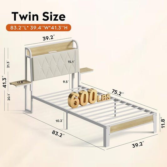 Twin Bed Frames with Headboard, Upholstered Bed Frame with 2 Storage Shelves, Platform Bed with LED Lights and Charging Station, 600LBS Mattress Foundation, No Box Spring Needed, Beige