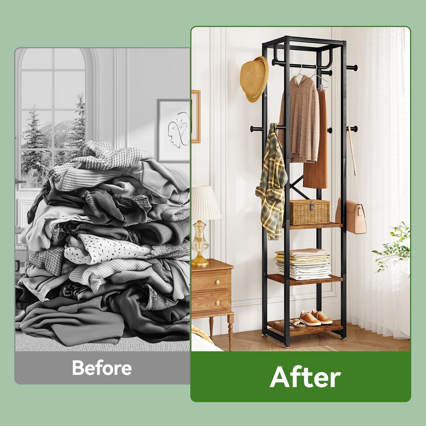 Coat Rack with Shelves, Freestanding Hall Tree with 3 Shelves and 8 Hooks, Industrial Clothes Stand for Entryway, Hallway, Bedroom, Rustic Brown UTMJ088H