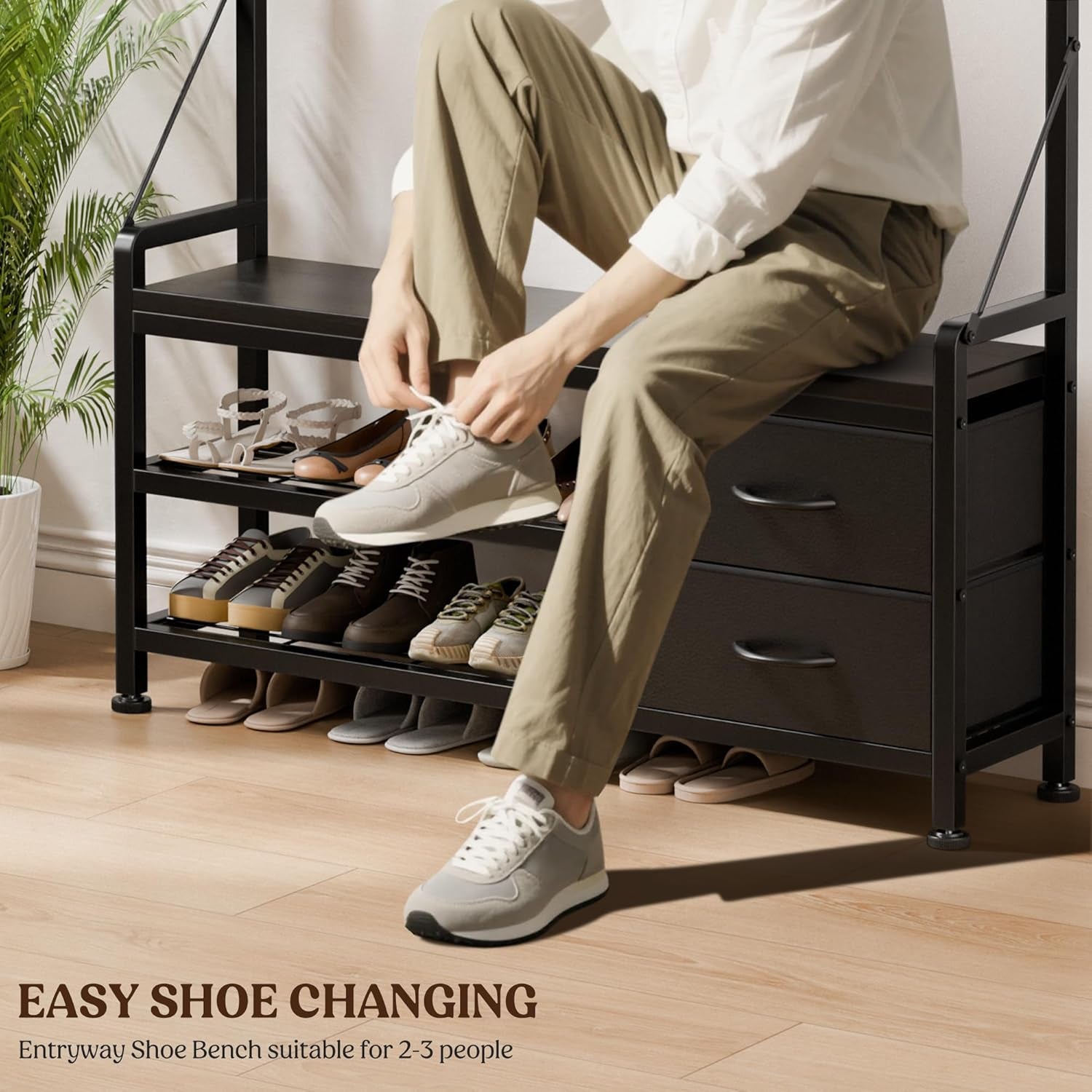Hall Tree with Bench and Shoe Storage, 39.4” Entryway Bench with Coat Rack Freestanding, 5 in 1 Entryway Furniture Organizer Large Coat and Shoe Rack with 21 Hooks and Drawers, Black