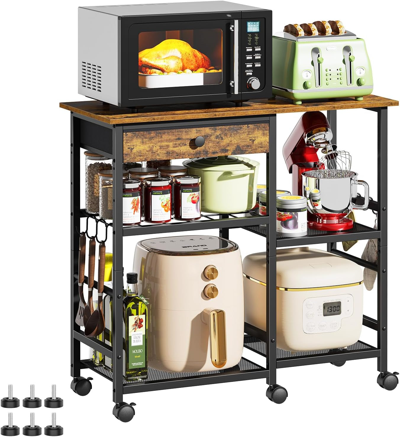 Microwave Stand, 6-Tier Microwave Cart with Wheels & Adjustable Shelf, Coffee Bar Table Station, Rolling Storage Cart Organizer Shelf for Living Room, Kitchen Island, Office, Rustic Brown