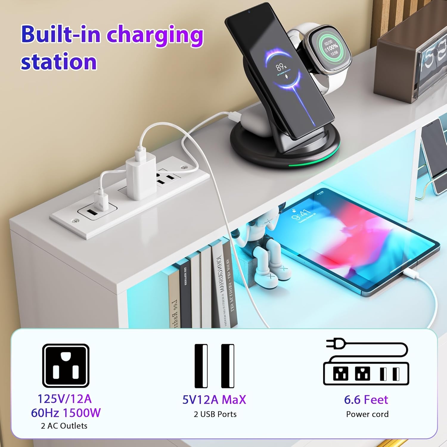 White 9 Drawer Dressers for Bedroom, Modern Large Dresser with LED Light and Power Outlet, Wooden Long Dresser for Bedroom, Entryway, Hallway