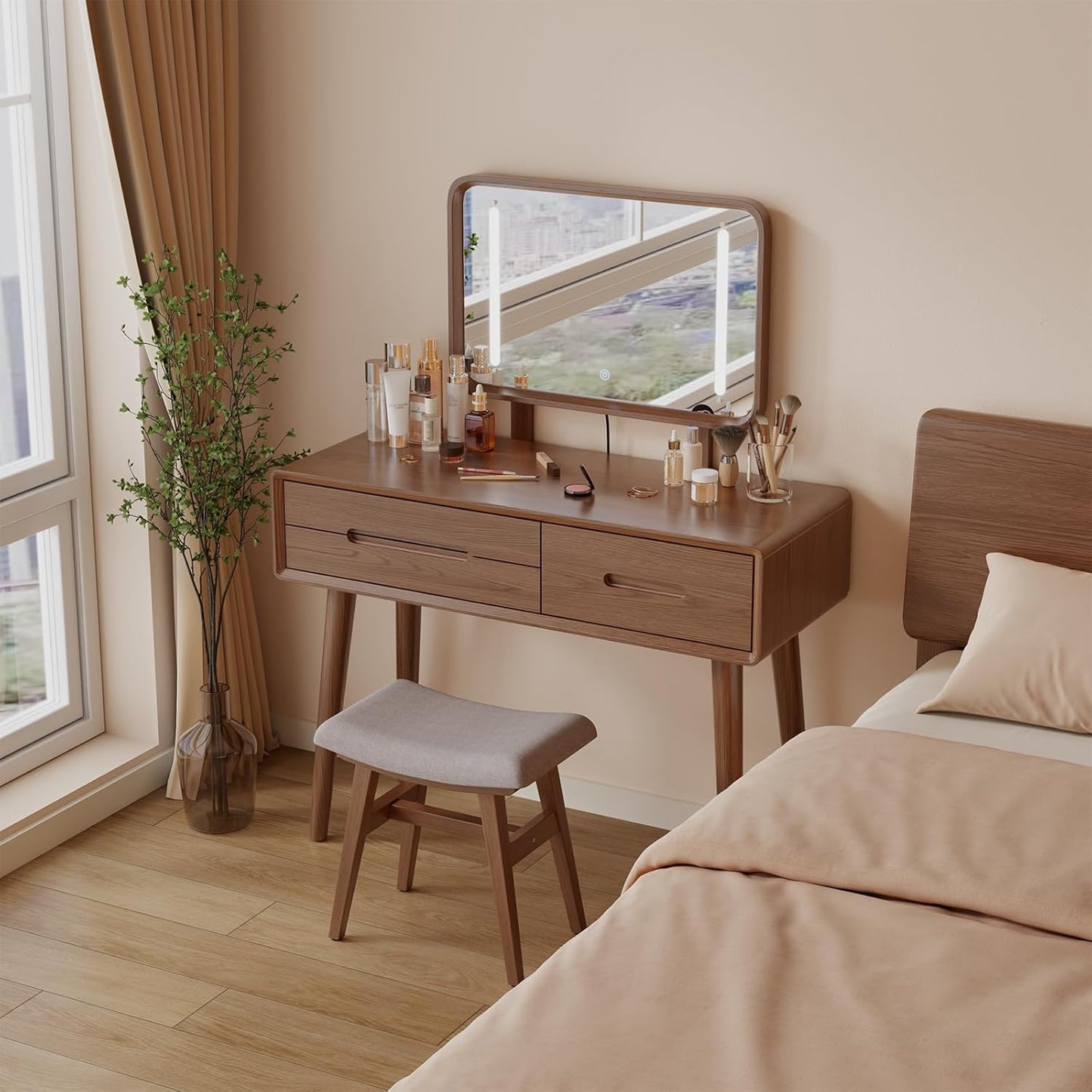 Solid Wood Vanity Desk with Mirror and Lights,Adjustable Height and Brightness, Makeup Vanity with 3 Drawers,Semi-Assembled,Dressing Table for Bedroom and Living Room (Walnut)