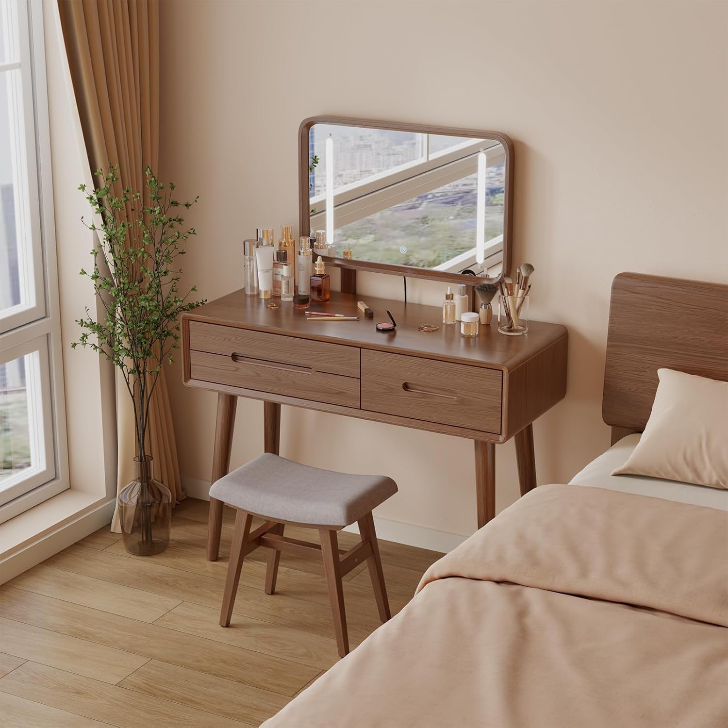 Solid Wood Vanity Desk with Mirror and Lights,Adjustable Height and Brightness, Makeup Vanity with 3 Drawers,Semi-Assembled,Dressing Table for Bedroom and Living Room (Walnut)