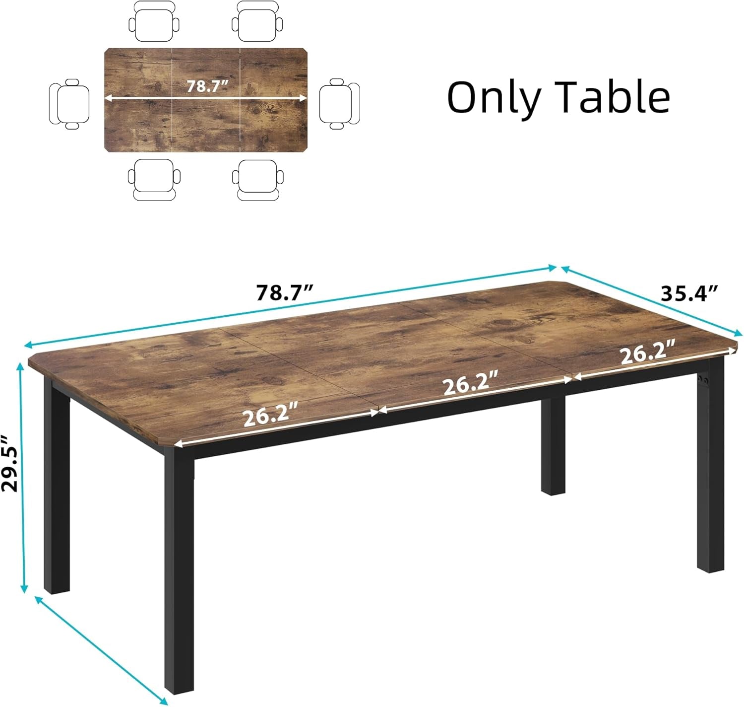 78.7 Inch Long Kitchen Table for 6-8, Dining Room Table for Kitchen Living Room, Large Rectangular Dinner Tables, Industrial Indoor Restaurant Tables with Sturdy Metal Frame(Only Table)