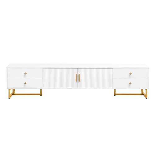 Modern TV Stand with Drawers for TVs up to 75'', Media Console Storage Cabinet Entertainment Center Furniture for Living Room Bedroom, Gold Metal Legs, 70.9-Inch, White