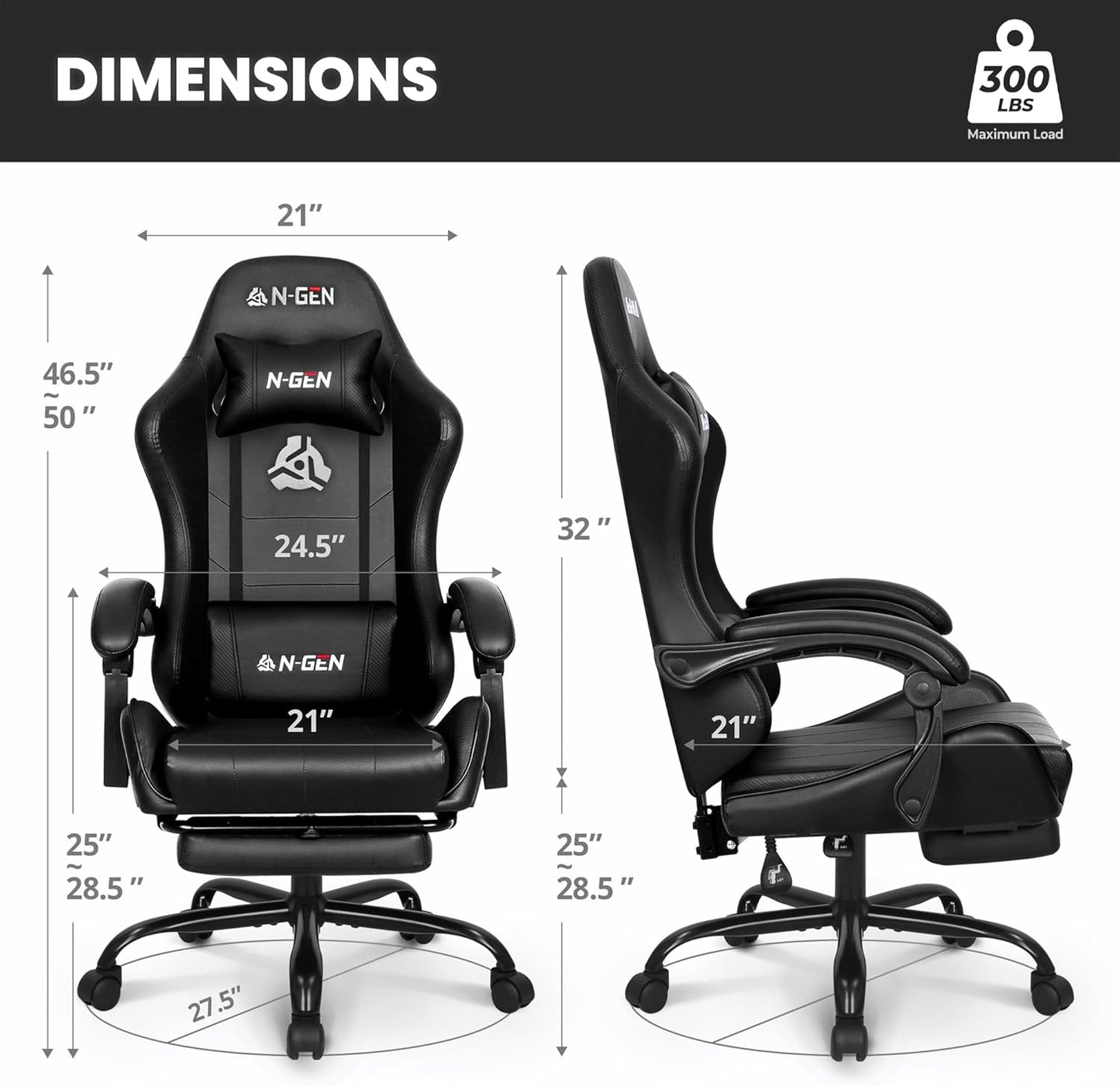 Video Gaming Chair with Footrest Lumbar Support for Home Office High Back Recliner Height Adjustable Ergonomic Comfy Leather Computer Desk Chair (Black)