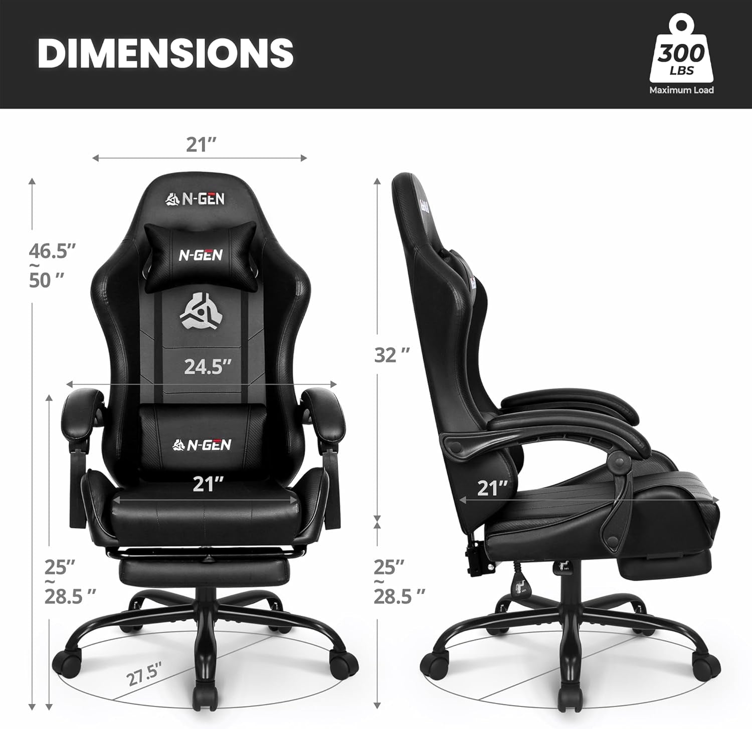 Video Gaming Chair with Footrest Lumbar Support for Home Office High Back Recliner Height Adjustable Ergonomic Comfy Leather Computer Desk Chair (Black)