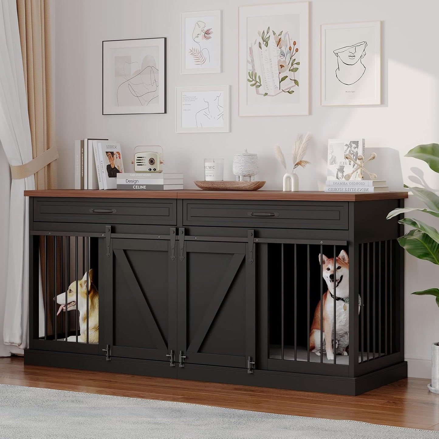 Dog Crate Furniture - Indoor Wooden Dog Kennel Furniture with Double Sliding Barn Doors, 2 Drawers & Room Divider - 72" L X 23.6" W X 34" H - Black