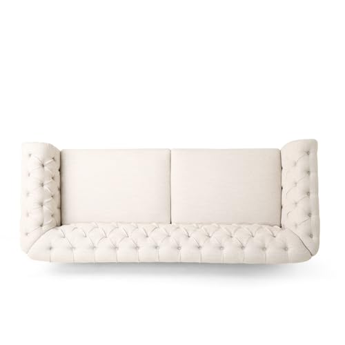 LUMISOL 3-Seat Sofa with Rivet Detailing for Living Room, Retro Style Sofa Couch Furniture with Wooden Legs, Loveseat with Pull-tab Backrest for Apartments Office, Beige