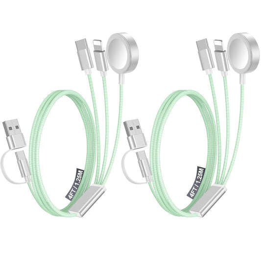 2Pack Multi Fast Charging Cable for Travel Vacation Essentials,Apple Watch Charger,Iphone Charger[3-In-2]Usb A/Type C/Lightning Cable for Iwatch,Iphone 16-11,Nintendo Switch,Airpods,Car,Camping-Green