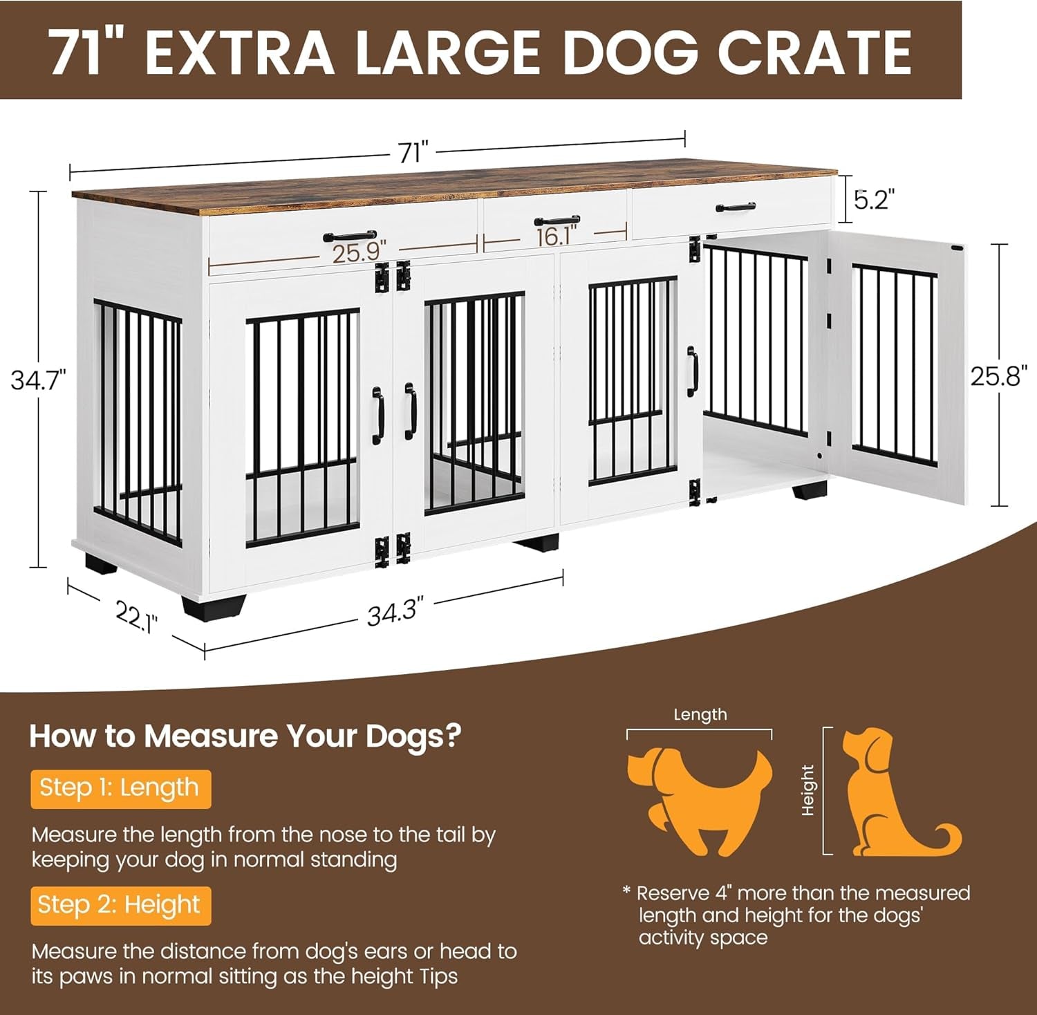 71" Large Dog Crate for 2 Dogs, Double Dog Cage Furniture with 3 Drawers for Ample Storage Space, Furniture Style Indoor Dog Crate & TV Stand, for Large Medium Dogs, White