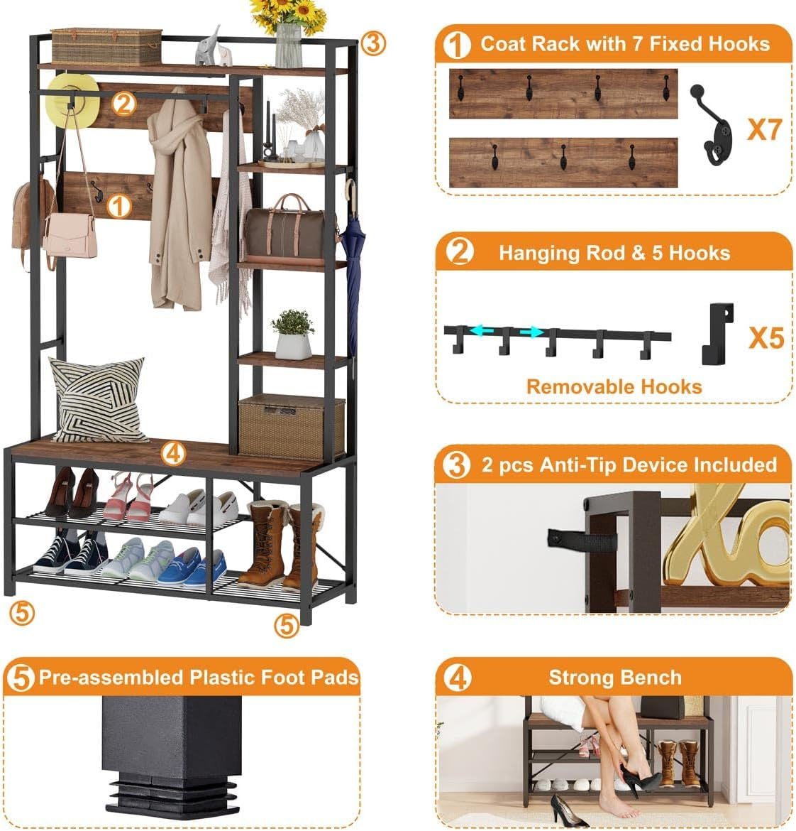 Hall Tree with Shoe Storage, 5-In-1 Reversible Entryway Bench with Coat Hooks for Hallway, Rustic Wood and Metal Coat Rack with Shelves for Mudroom (Rustic Oak)